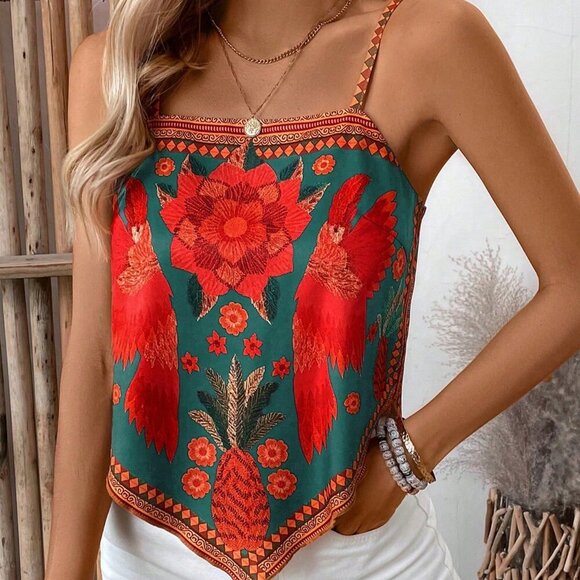 Green Boho Women's Casual Loose Plant Print Camisole top - Picture 5 of 5